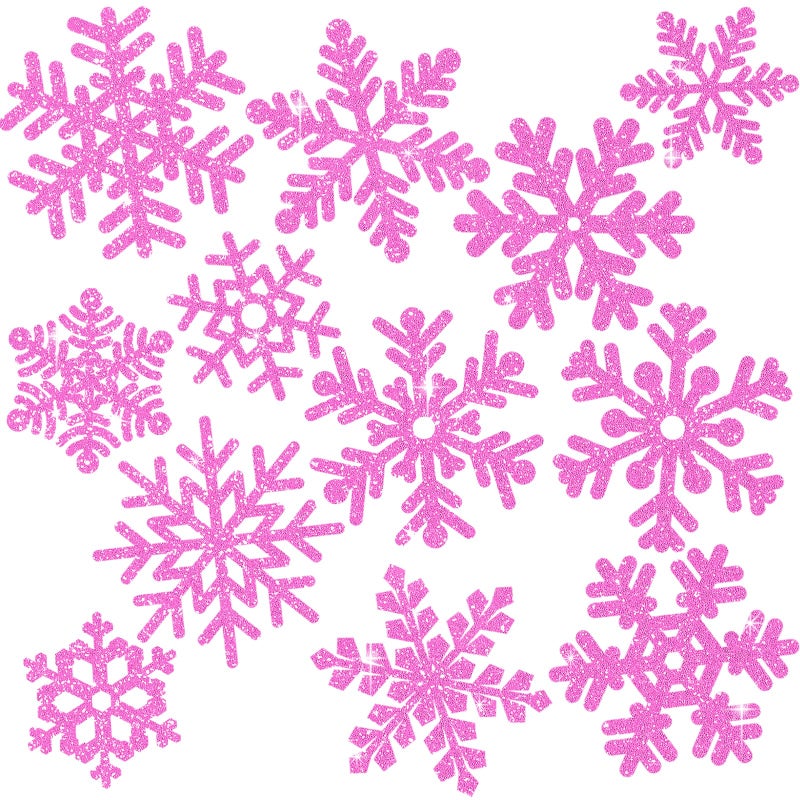 Whaline 48Pcs Christmas Paper Cut-Outs Double-Sided Glitter Pink Snowflake Cutouts with Glue Point for Xmas Winter Wonderland Frozen Party Home Decoration - Image 1